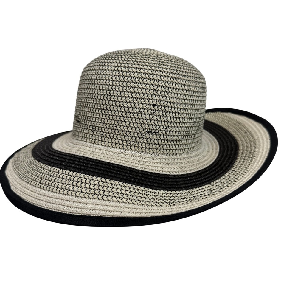 Jones New York Paper Straw Sun Hat OS Black White Striped Wide Brim Summer Beach